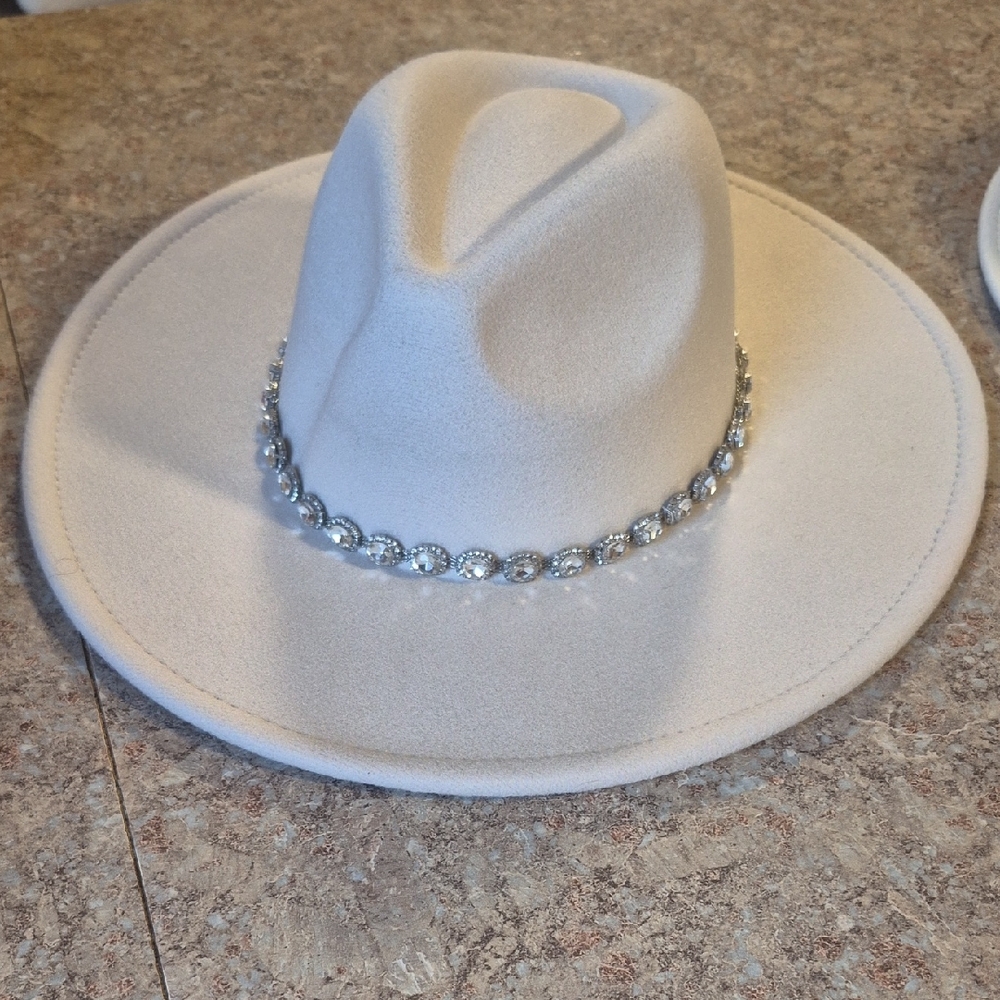 Women's Cream Wide-Brim Fedora Hat with Rhinestone Band